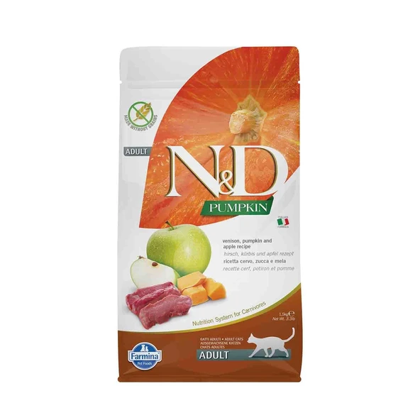 N&D Pumpkin Tahılsız Geyik Etli Bal Kabaklı ve Elmalı Yetişkin Kedi Maması 1,5 kg ürün görseli 1