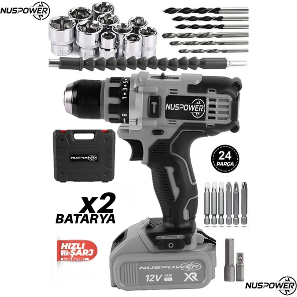NusPower NusPower Çelik Mandrenli Metal Şanzıman Şarjlı Matkap 24 Parça Akülü Vidalama Seti 12V ürün görseli 1