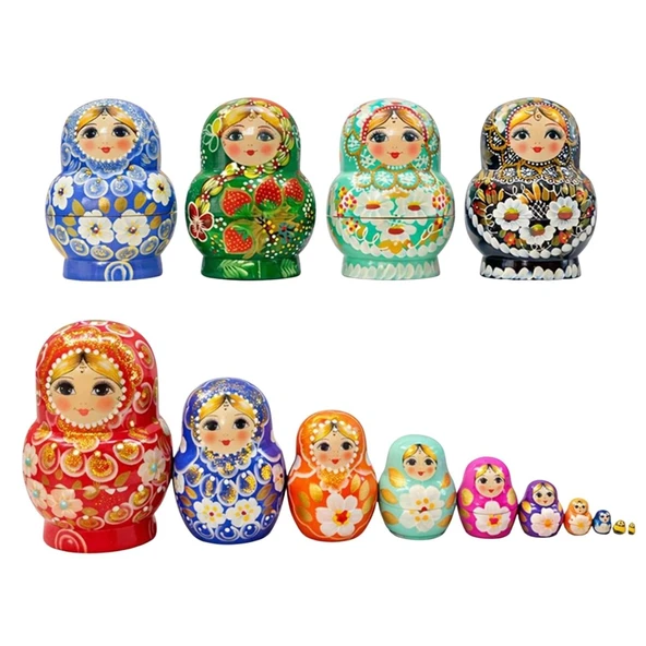 Onlu Ahşap Matruşka Bebek Seti Tombul 15cm Renkli 10 Parça T15 ürün görseli 1