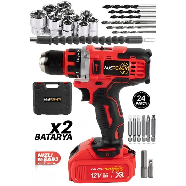 NusPower NusPower Çelik Mandrenli Metal Şanzıman Şarjlı Matkap 24 Parça Akülü Vidalama Seti 12V ürün görseli 1
