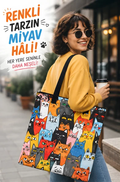 Renkli Kedi Desenli Omuz Çantası Kadın Tote Bag Oxford Kumaş Fermuarlı İç Cepli Çift Taraflı Baskılı 40x35 cm ürün görseli 1