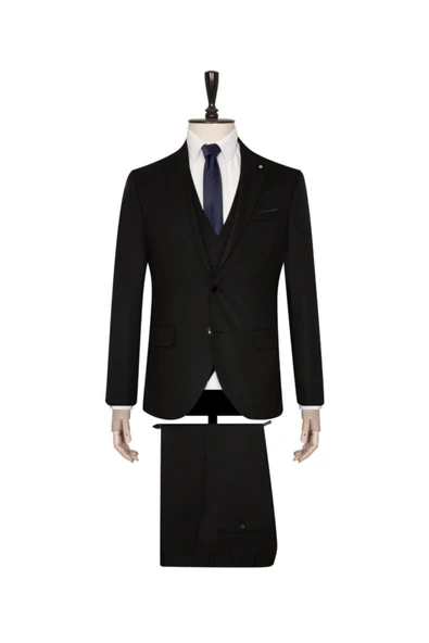 Yelekli Siyah Slim Fit Takım Elbise ürün görseli 1