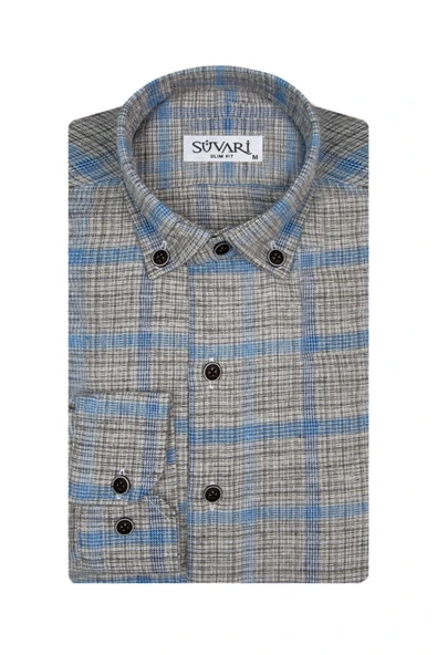 Slim Fit Desenli Flanel Gri Erkek Gömlek ürün görseli 1