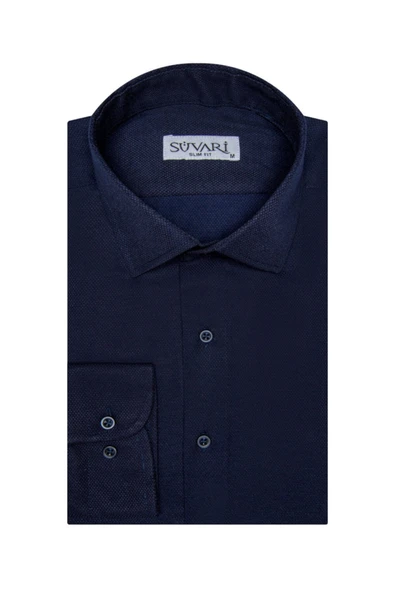Slim Fit Armür Desenli Lacivert Erkek Gömlek ürün görseli 1