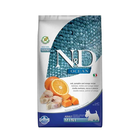 N&D Ocean Tahılsız Balkabaklı Morina Balıklı ve Portakallı Küçük Irk Yetişkin Köpek Maması 2,5 kg ürün görseli 1