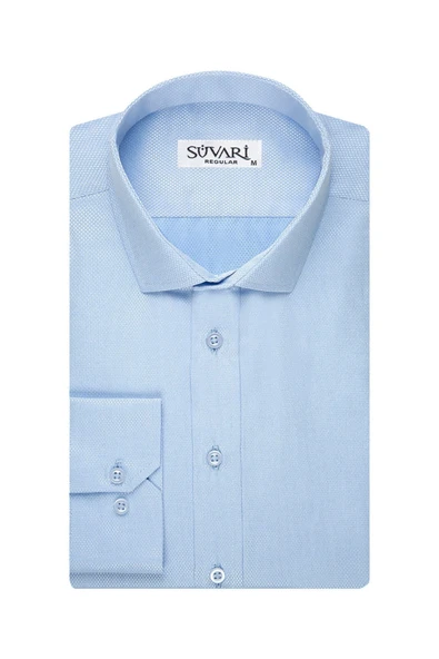 Slim Fit Armür Desenli Soluk Mavi Erkek Gömlek ürün görseli 1