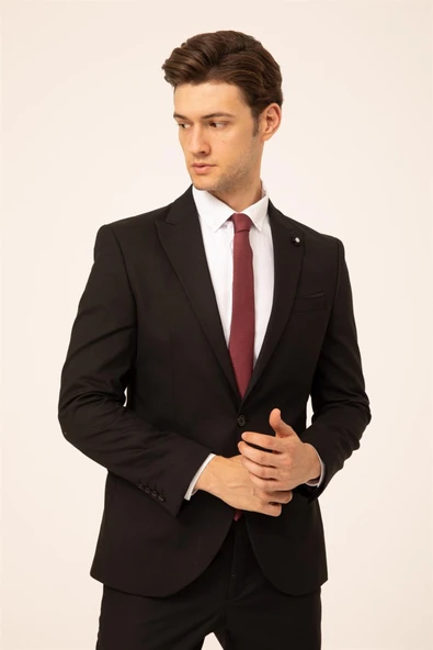 Süvari 6 Drop Slim Fit Siyah Yeleksiz Düz Takım Elbise ürün görseli 1