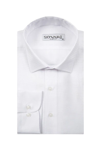 Slim Fit Armür Desenli Beyaz Erkek Gömlek ürün görseli 1
