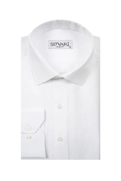Slim Fit Armür Desenli Beyaz Erkek Gömlek ürün görseli 1