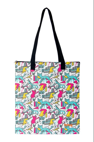 City Vibes Graffiti Desenli Oxford Kumaş Omuz Çantası – Fermuarlı İç Cepli, Çift Taraflı Baskılı Günlük Tote Bag 40x35 cm ürün görseli 1