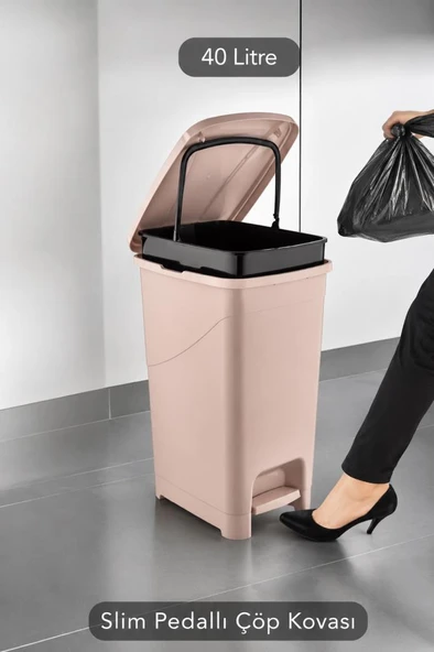 Omnipazar SRL-3030 Slim Pedallı Plastik Çöp Kovası İç Kovalı 40 litre Pembe - Resim 3