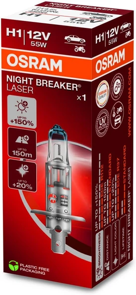 Osram Ampul Night Breaker Laser H1 12V 55W%100'ye kadar Fazla Işık 150M'ye kadar Fazla Görüş Açısı,%20'ye kadar Beyaz Işık 64150NL ürün görseli 1