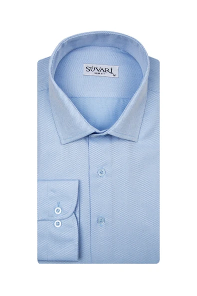 Slim Fit Armür Desenli Mavi Erkek Gömlek ürün görseli 1