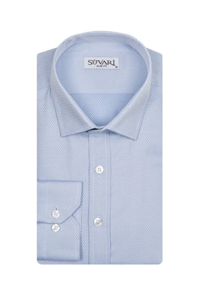 Slim Fit Armür Desenli Mavi Erkek Gömlek ürün görseli 1
