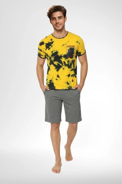 Mecit 4001 Erkek Pamuklu Sarı Batik Desenli Şortlu Pijama Takımı ürün görseli 1
