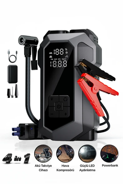 4 in 1 Şarjlı Akü Takviye Cihazı | 16.000 mAh | Akım Koruma | Güçlü Seri | Lastik Şişirme, LED Fener ürün görseli 1