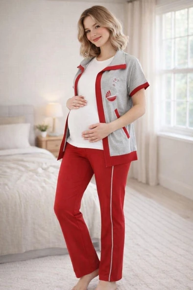 Mecit 6352 Kırmızı Bayan Yelekli Hamile Lohusa Pijama Takımı ürün görseli 1