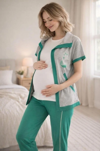 Mecit 6352 Yeşil Bayan Yelekli Hamile Lohusa Pijama Takımı ürün görseli 1