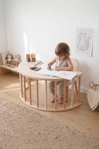Pikler Ahşap Montessori Motor Gelişim Halkası, Krem Minderli Ve Sandalye Seti ürün görseli 1