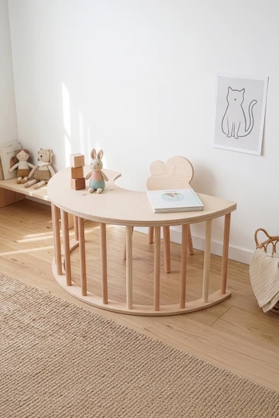 Pikler Ahşap Montessori Motor Gelişim Halkası, Gri Minderli Ve Sandalye Seti ürün görseli 1