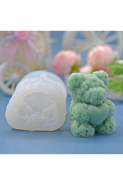 HogART Design Kalp Tutan Güllü Ayıcık Mum Silikon Kalıp ürün görseli 1