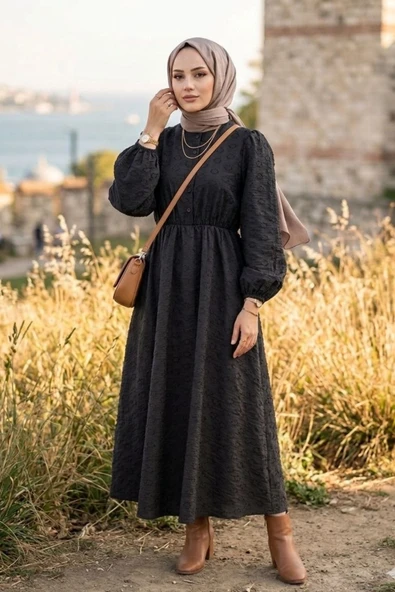 Kadın bel lastik Yarı Düğme Detay Modal Boydan Tesettür Elbise ürün görseli 1