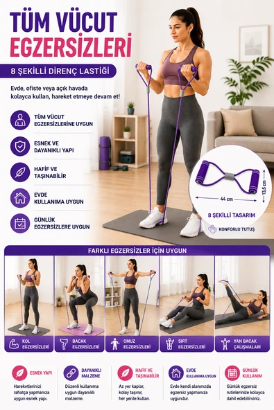Pilates Direnç Lastiği 8 Şekilli Egzersiz Bandı Evde Spor Fitness Esneme ve Duruş Destekli ürün görseli 1