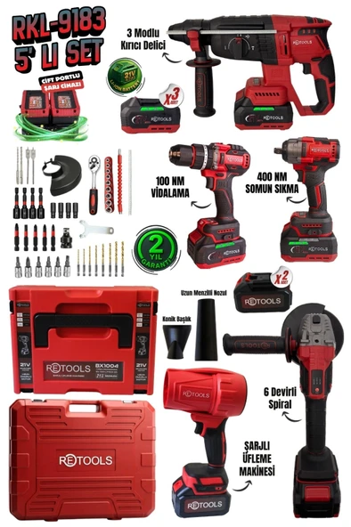 Retools RKL-9183 21V Profesyonel 5'li Set - Hava Üflemeli ürün görseli 1