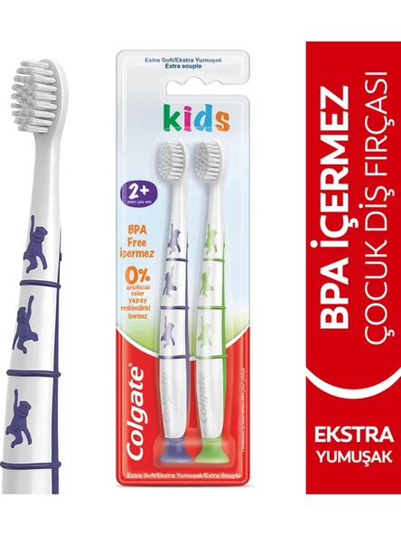 Colgate 2+ Yaş Yapışkan Tabanlı Ekstra Yumuşak Bpa Içermeyen Çocuk Diş Fırçası ürün görseli 1