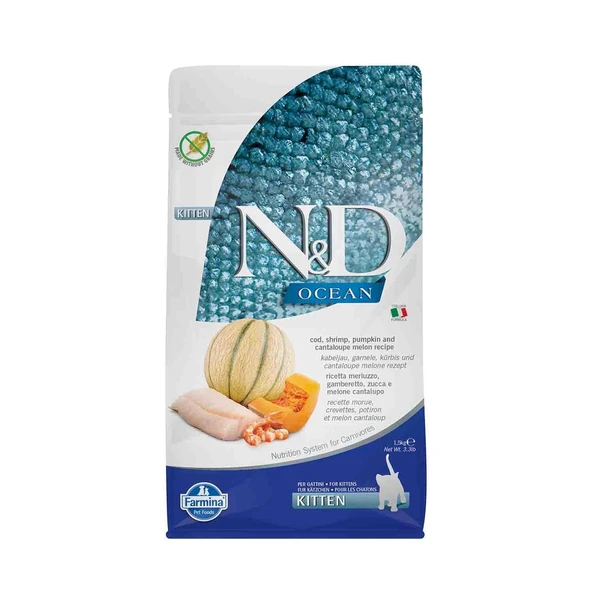 N&D Ocean Kitten Balkabaklı Morina Balıklı ve Karidesli Kavunlu Yavru Kedi Maması 1,5 kg ürün görseli 1
