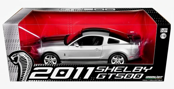 GreeLight 1/18 2011 Shelby GT500 - Ingot Silver with Black Stripes ürün görseli 1