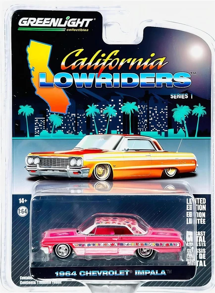 Greenlight 1:64 California Lowriders Series 1 - 1964 Chevrolet Impala Lowrider - Pink with Roses 63010 ürün görseli 1