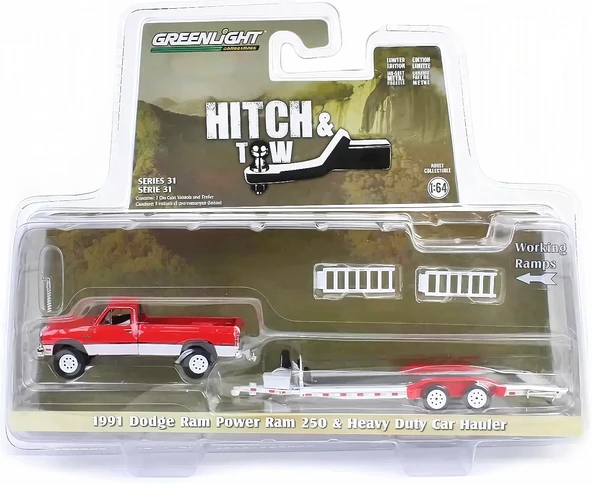 Greenlight 1/64 Hitch & Tow Series 31 - 1991 Dodge Ram Power Ram 250 with Heavy Duty Car Hauler in Red and White ürün görseli 1