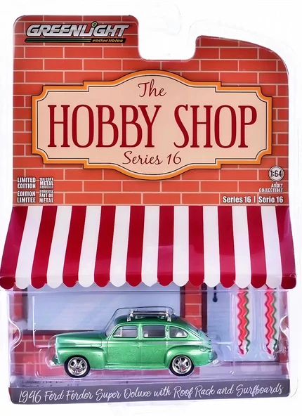 Greenlight 1/64 The Hobby Shop Series 16 - 1946 Ford Fordor Super Deluxe Green Metallic with White Interior and Roof Rac ürün görseli 1