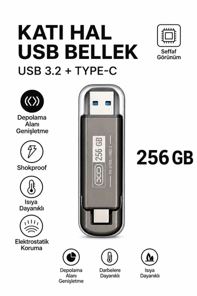 256 GB KATI HAL USB BELLEK USB 3.2 + TYPE-C ÇİFT GİRİŞLİ TAŞINABİLİR FLASH BELLEK TELEFONDA BİLGİSAYARA AKTARMA YÜKSEK HIZLI DAYANIKLI VE ÇOK KORUMALI SSD KORUMALI DARBEYE DAYANIKLI ANTİ ürün görseli 1