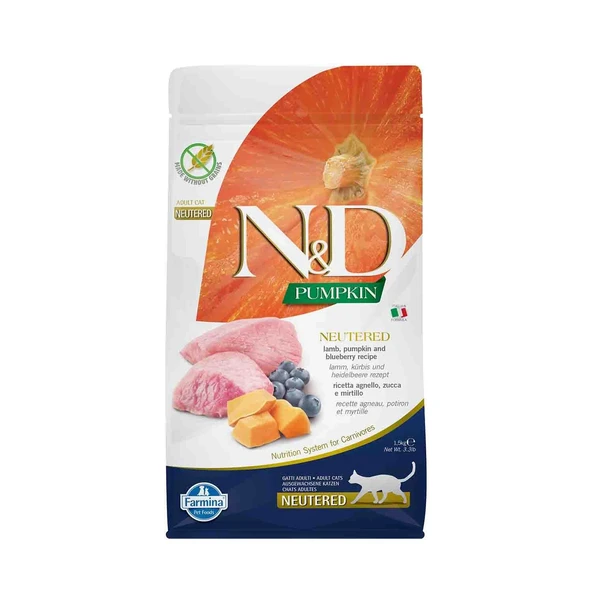 N&D Balkabaklı Tahılsız Kuzu Etli Yaban Mersinli Kısırlaştırılmış Kedi Maması 1,5 kg ürün görseli 1