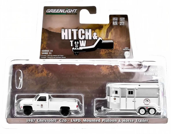 Greenlight 1/64 Hitch & Tow Series 31 - LAPD Search and Rescue - 1987 Chevrolet C20 with Mounted Platoon Horse Trailer ürün görseli 1