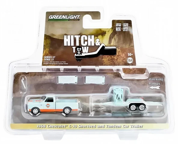 Greenlight 1/64 Hitch & Tow Series 27 - 1968 Chevrolet C-10 Shortbed Gulf Oil and Gulf Oil Tandem Car Trailer Solid Pack ürün görseli 1
