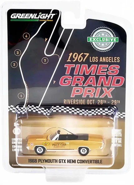 Greenlight 1968 Plymouth GTX 426 HEMI Convertible - 1967 Los Angeles Times Grand Prix at Riverside International Raceway ürün görseli 1