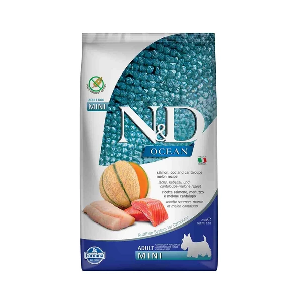 N&D Ocean Somon ve Morina Balıklı Kavunlu Mini Yetişkin Köpek Maması 2,5 kg ürün görseli 1