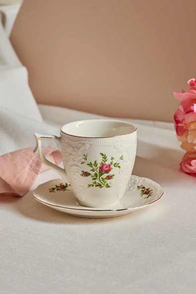 Karaca Vintage Rose Çay Fincanı ve Tabağı 200 ml Krem ürün görseli 1