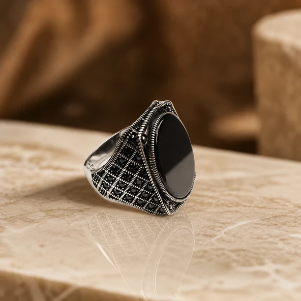 925 Ayar Gümüş Oltu Taşı Alptekin Erkek Yüzük ürün görseli 1