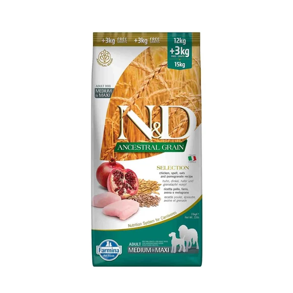 N&D Ancestral Selection Düşük Tahıllı Tavuklu ve Narlı 12 + 3 kg Orta ve Büyük Irk Yetişkin Köpek Maması ürün görseli 1