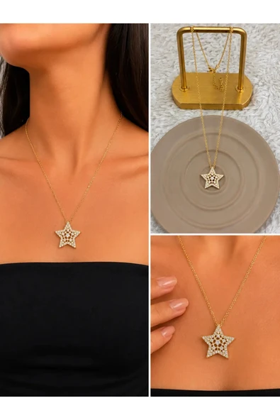 Işıltılı Yıldız Taşlı Silver/Gold Kolye ürün görseli 1