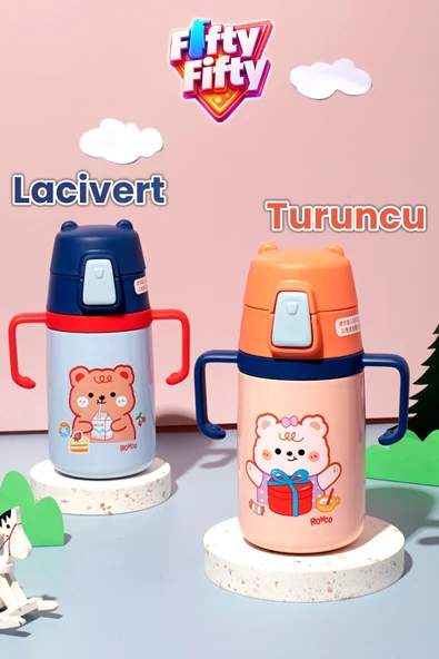 400 ML 316L Paslanmaz Çelik Pipetli Çocuk Termosu Taşıma Kulplu Askılı Çift Duvar -FFR400ML4011 ürün görseli 1
