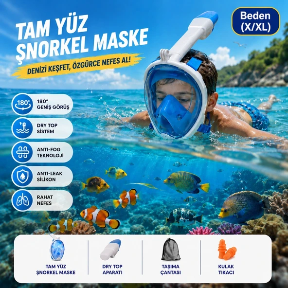 HyMark Tam Yüz Şnorkel Maske (L-XL) Beden Panoramik Görüşlü Deniz Gözlüğü Dry Top Sistem Şnorkel Seti ürün görseli 1