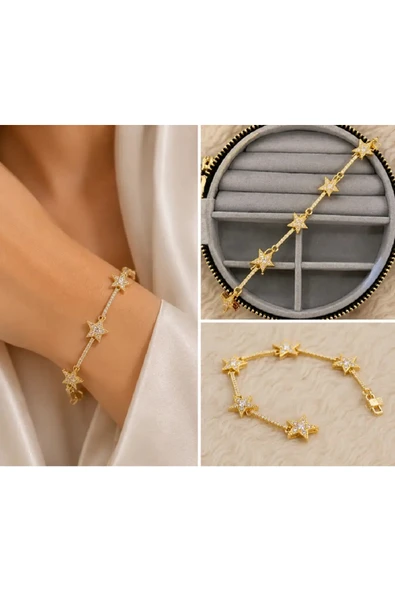 Yıldız Detaylı Taş İşlemeli Gold Çelik Bileklik ürün görseli 1
