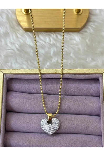 Taşlı Kalp Detaylı Gold Kolye - Resim 2
