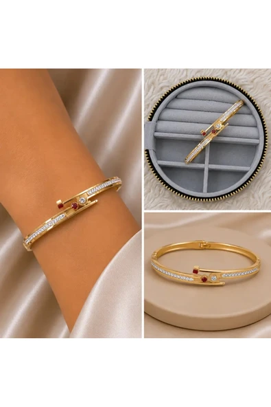 Minimal Taş Detaylı Gold Kelepçe Bileklik ürün görseli 1