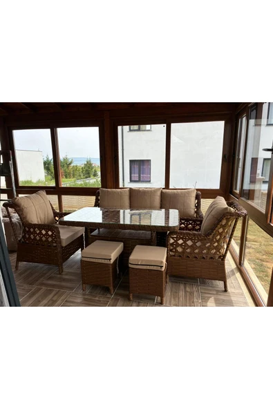 FYAQA HOME (3 KİŞİLİK SALINCAK HEDİYELİ)Rattan Bahçe Takımı Oturma Grubu 3'lü - 7 Kişilik Kahverengi ürün görseli 1
